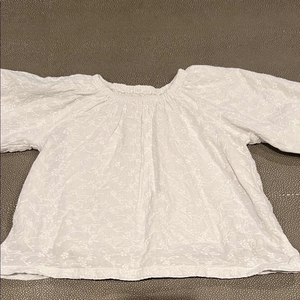 Girls' White Eyelet Textured Top with Elastic Neckline